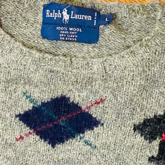 Ralph Lauren Vintage Scottie Dog Plaid Wool Fair Isle Hand Knit Sweater Large - Picture 2 of 9